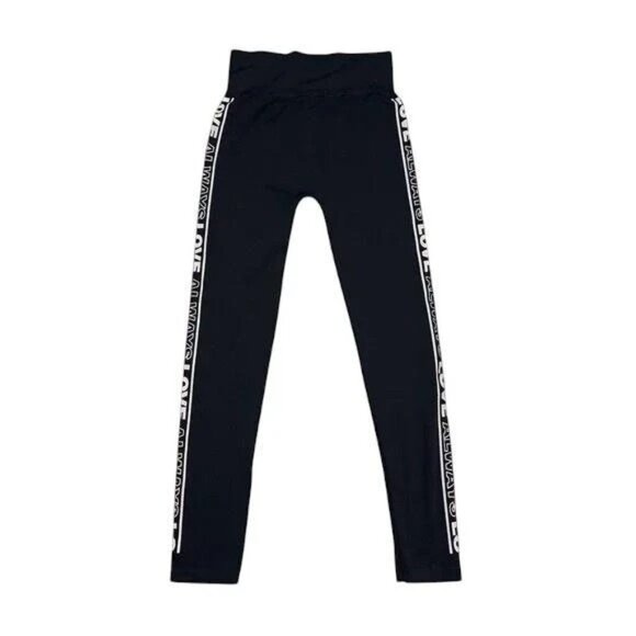 High Rise Black Leggings | M/L | LOVE ALWAYS Side Stripe | Stretchy Yoga Fit - Picture 2 of 10